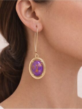 Purple Oval Drop Earrings | Gold Frame Kidney Wire Dangles